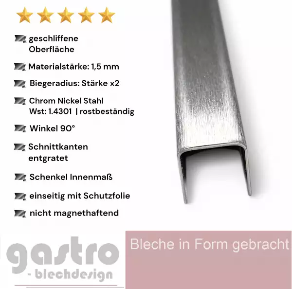 Edelstahl U-Profil , K240 geschliffen, 1,5 mm stark, Einfass Profil
